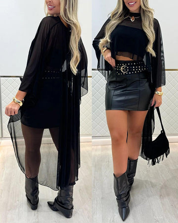 See Through Asymmetrical Hem Chiffon Cover Up with Bandeau Top